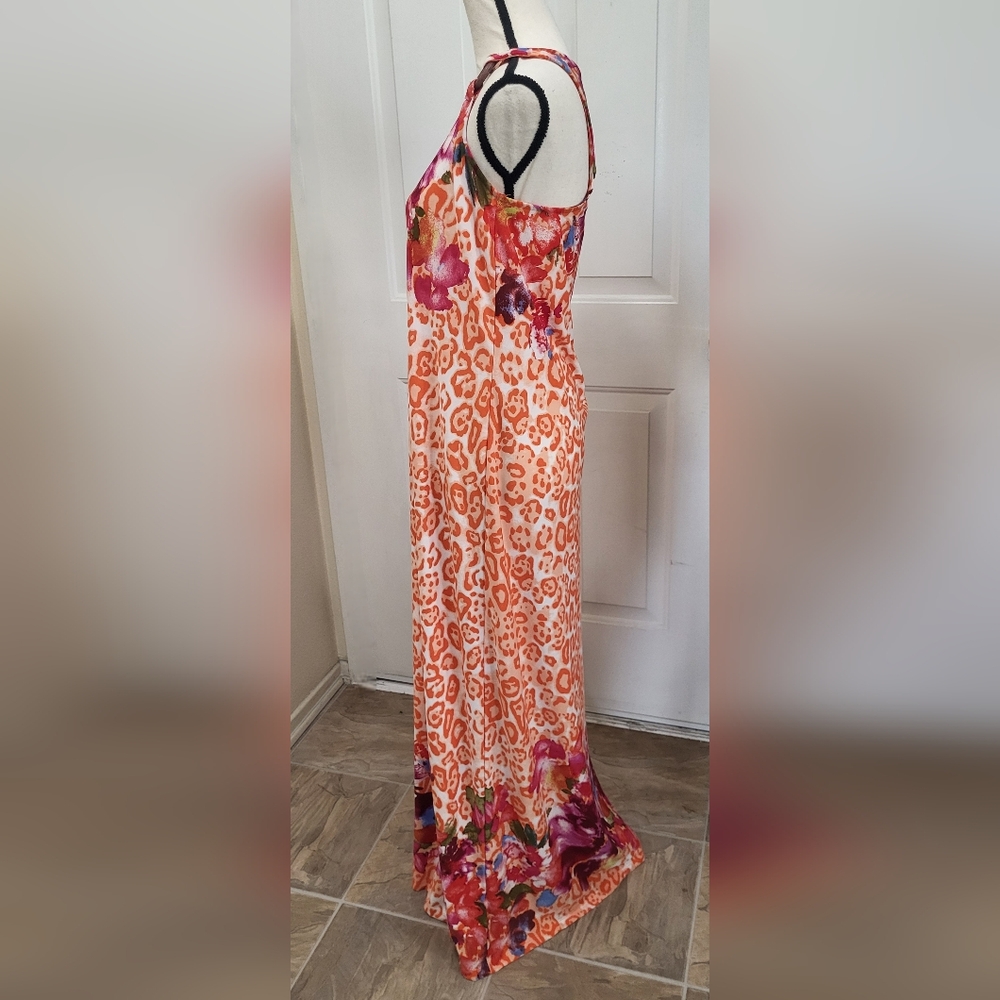 John Paul Richard POrange Animal Print & Floral Print Maxi Dress Size M Stretchy - Picture 2 of 9